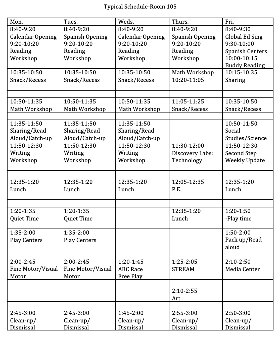 Room 105 Weekly Schedule